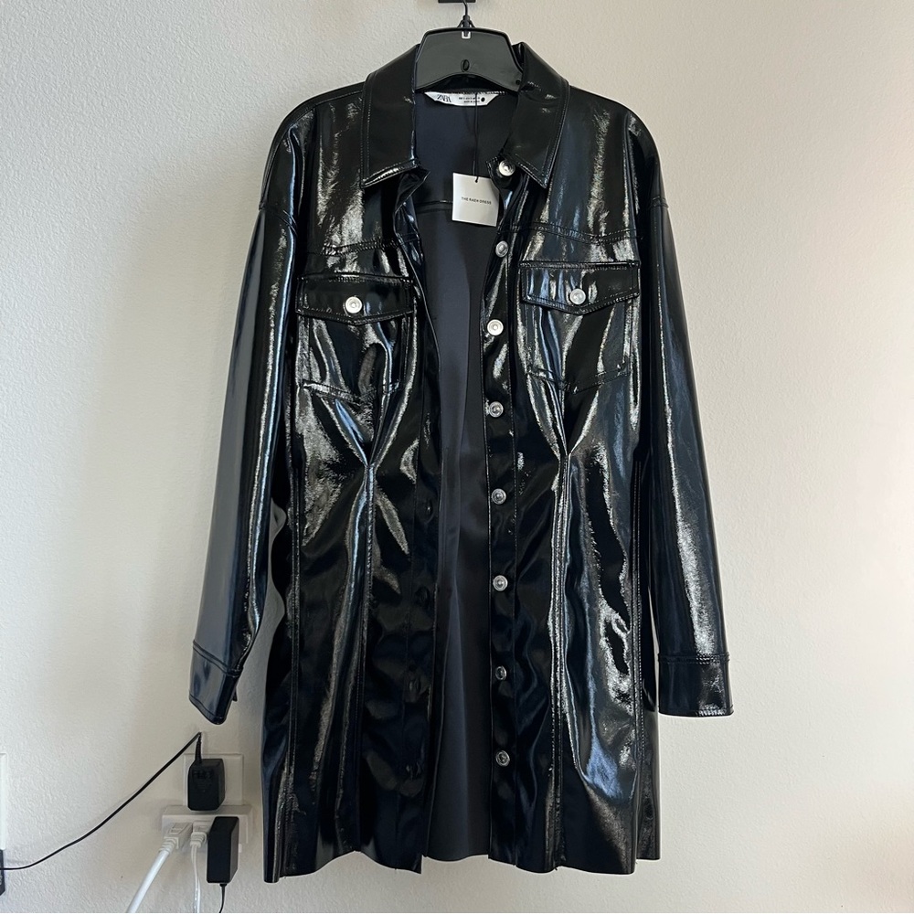 ZARA Black Pleather Coat, Small